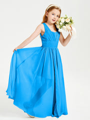 Chic Robes Longues de Demoiselle d'Honneur Junior à Col en V Bleu Océan