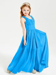 Chic Robes Longues de Demoiselle d'Honneur Junior à Col en V Bleu Océan