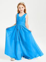 Chic Robes Longues de Demoiselle d'Honneur Junior à Col en V Bleu Océan