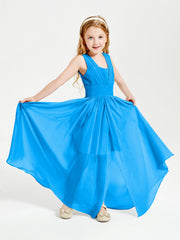Chic Robes Longues de Demoiselle d'Honneur Junior à Col en V Bleu Océan