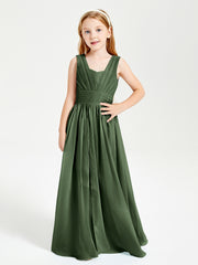 Chic Robes Longues de Demoiselle d'Honneur Junior à Col en V Olive Verte