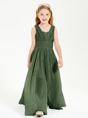 Chic Robes Longues de Demoiselle d'Honneur Junior à Col en V Olive Verte