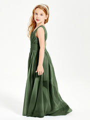 Chic Robes Longues de Demoiselle d'Honneur Junior à Col en V Olive Verte