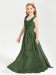 Chic Robes Longues de Demoiselle d'Honneur Junior à Col en V Olive Verte