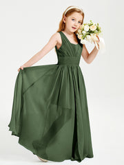Chic Robes Longues de Demoiselle d'Honneur Junior à Col en V Olive Verte