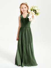 Chic Robes Longues de Demoiselle d'Honneur Junior à Col en V Olive Verte
