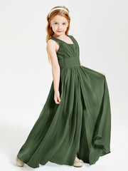 Chic Robes Longues de Demoiselle d'Honneur Junior à Col en V Olive Verte