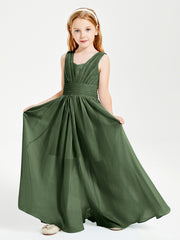 Chic Robes Longues de Demoiselle d'Honneur Junior à Col en V Olive Verte