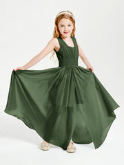 Chic Robes Longues de Demoiselle d'Honneur Junior à Col en V Olive Verte
