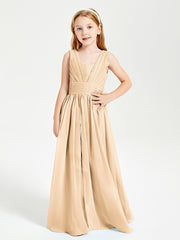 Chic Robes Longues de Demoiselle d'Honneur Junior à Col en V Pêche