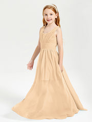 Chic Robes Longues de Demoiselle d'Honneur Junior à Col en V Pêche