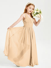 Chic Robes Longues de Demoiselle d'Honneur Junior à Col en V Pêche
