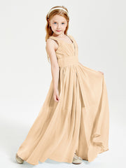 Chic Robes Longues de Demoiselle d'Honneur Junior à Col en V Pêche