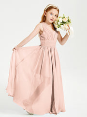 Chic Robes Longues de Demoiselle d'Honneur Junior à Col en V Rose Perle