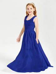 Chic Robes Longues de Demoiselle d'Honneur Junior à Col en V Bleu Royale
