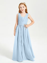 Chic Robes Longues de Demoiselle d'Honneur Junior à Col en V Bleu Ciel