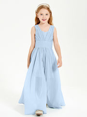 Chic Robes Longues de Demoiselle d'Honneur Junior à Col en V Bleu Ciel