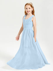 Chic Robes Longues de Demoiselle d'Honneur Junior à Col en V Bleu Ciel