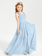 Chic Robes Longues de Demoiselle d'Honneur Junior à Col en V Bleu Ciel