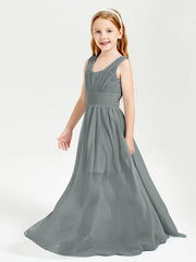 Chic Robes Longues de Demoiselle d'Honneur Junior à Col en V Gris Acier