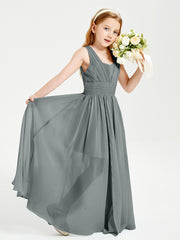 Chic Robes Longues de Demoiselle d'Honneur Junior à Col en V Gris Acier