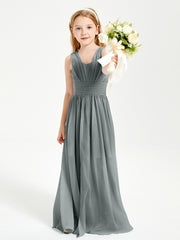 Chic Robes Longues de Demoiselle d'Honneur Junior à Col en V Gris Acier