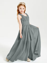 Chic Robes Longues de Demoiselle d'Honneur Junior à Col en V Gris Acier