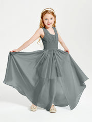 Chic Robes Longues de Demoiselle d'Honneur Junior à Col en V Gris Acier