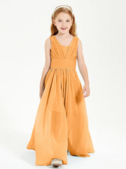 Chic Robes Longues de Demoiselle d'Honneur Junior à Col en V Mandarine