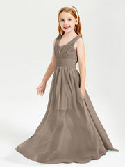 Chic Robes Longues de Demoiselle d'Honneur Junior à Col en V Taupe