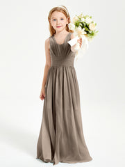 Chic Robes Longues de Demoiselle d'Honneur Junior à Col en V Taupe