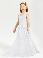 Chic Robes Longues de Demoiselle d'Honneur Junior à Col en V Blanc