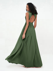 Robes Longues en Mousseline à Col en V avec Dos Ouvert Olive Verte