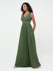 Robes Longues en Mousseline à Col en V avec Dos Ouvert Olive Verte