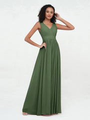 Robes Longues en Mousseline à Col en V avec Dos Ouvert Olive Verte