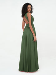 Robes Longues en Mousseline à Col en V avec Dos Ouvert Olive Verte
