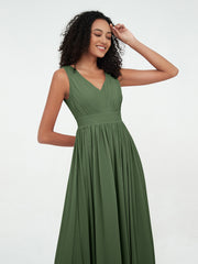 Robes Longues en Mousseline à Col en V avec Dos Ouvert Olive Verte