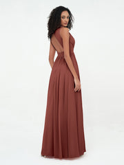 Robes Longues en Mousseline à Col en V avec Dos Ouvert terracotta