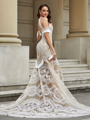 Robe de Mariée Sirène en Dentelle à Franges avec Traîne Balayage Blanc