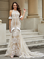 Robe de Mariée Sirène en Dentelle à Franges avec Traîne Balayage Blanc