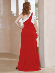 Robe Longueur au Sol en Crêpe Extensible à Une Épaule avec Fente Rouge