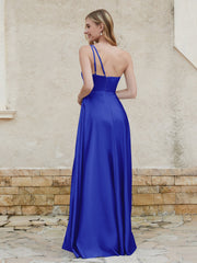 Robe Longue en Satin de A-ligne à Une Épaule avec Poches Bleu Royale