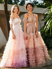 Robe de A-ligne en Tulle Plissée à Une Épaule Rose Poudré Grande Taille