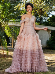 Robe de A-ligne en Tulle Plissée à Une Épaule Rose Poudré Grande Taille