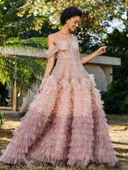Robe de A-ligne en Tulle Plissée à Une Épaule Rose Poudré
