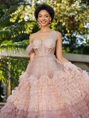 Robe de A-ligne en Tulle Plissée à Une Épaule Rose Poudré Grande Taille