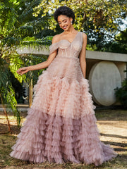 Robe de A-ligne en Tulle Plissée à Une Épaule Rose Poudré Grande Taille