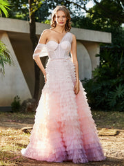 Robe de A-ligne en Tulle Plissée à Une Épaule Rose Grande Taille