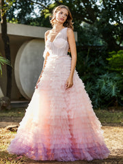 Robe de A-ligne en Tulle Plissée à Une Épaule Rose