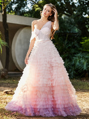 Robe de A-ligne en Tulle Plissée à Une Épaule Rose